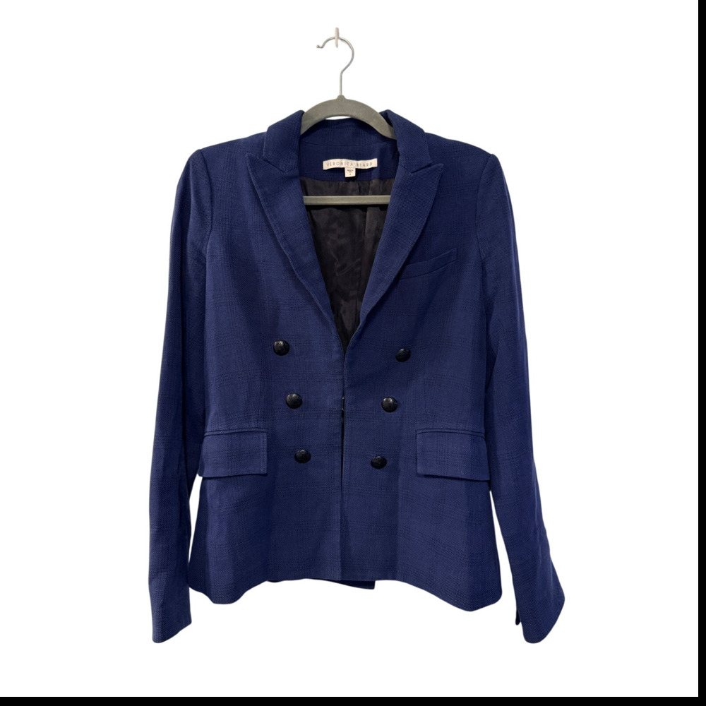 Veronica Beard 4 Plaid Italian Wool Blazer $695 Crest Button Jacket Navy Blue